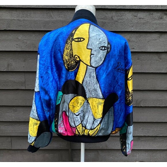 Vtg 90s Exclusively Misook OS Picasso graphic satin bomber jacket wearable art - Picture 4 of 12